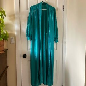 Vintage 1980s Dominique teal bright shiny robe kimono housecoat *missing belt*